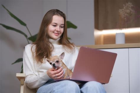 Portrait of young beautiful woman freelancer teenager girl hug with ...