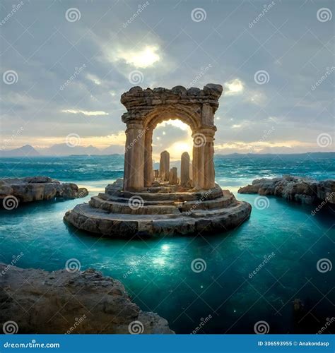 Imaging Construction, Portal With Columns Of Lost Atlantida World Around Ocean Water. Lost ...