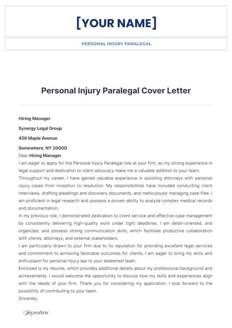 Free Personal Injury Paralegal Cover Letter Template to Edit Online
