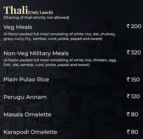 Menu at 1980's Military Hotel, Hyderabad