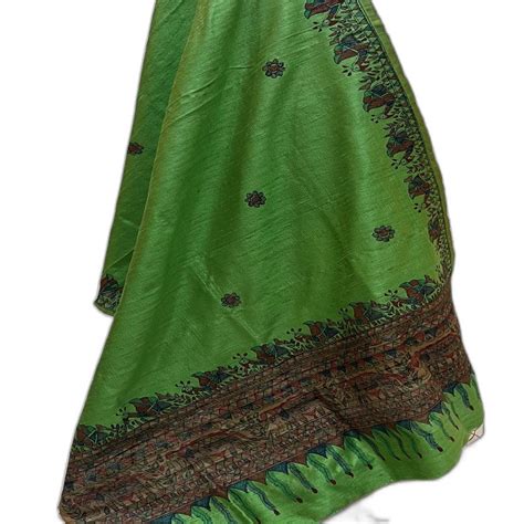 Madhubani Handpainted Dupatta – Green with Peacock and Elephant Border ...