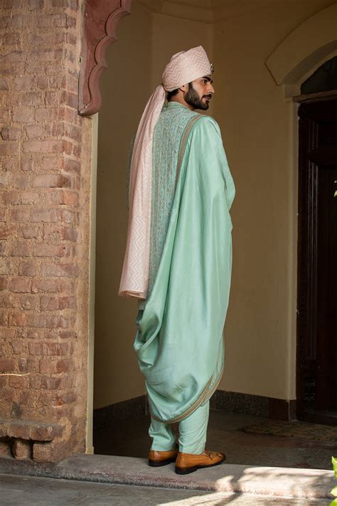 Mint Green Monga Embroidery Achkan with Kurta and Pants – Nitika Gujral