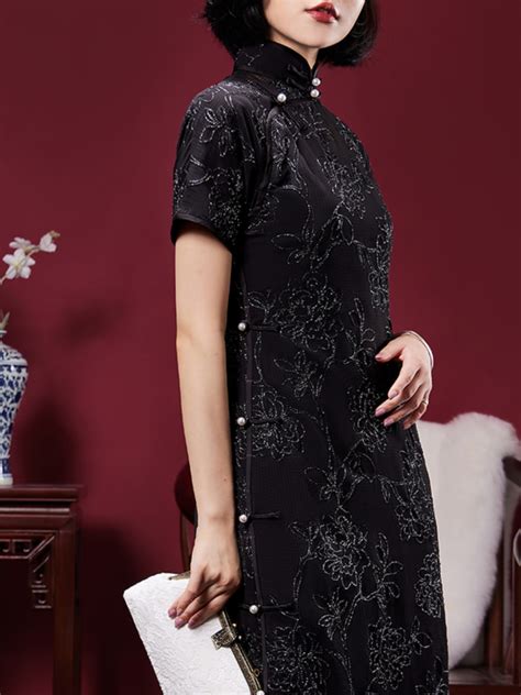 Black Long Cheongsam Classic Chinese Evening Dress - Weqipao