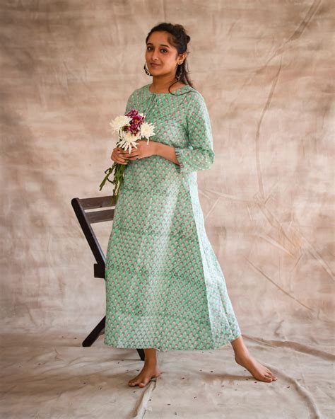 A- LINE DRESS Mint Green Floral Hand Block Printed A Line Dress – Fabsay