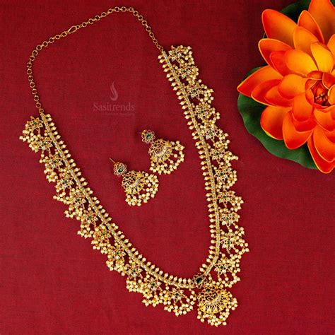 Long Matte Gold Gundu Pusalu Temple Jewellery Set with Peacock Pendant ...