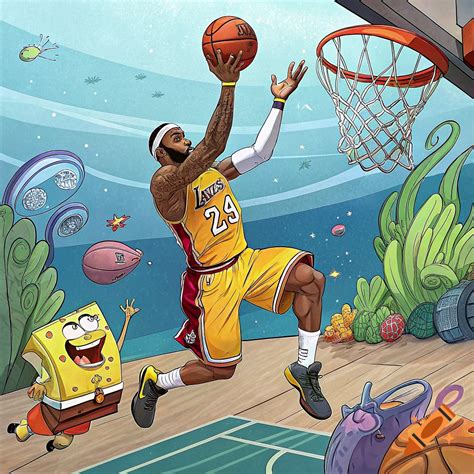 Cartoon illustration of LeBron James dunking a basketball with ...