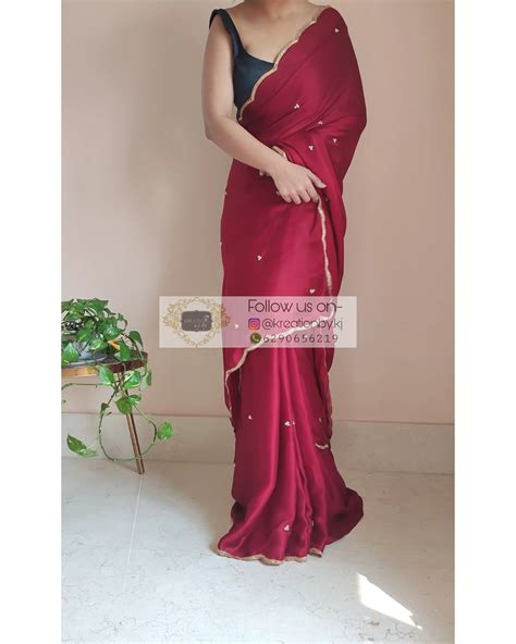 Maroon Crepe Silk Saree With Handembroidered Scalloping – kreationbykj