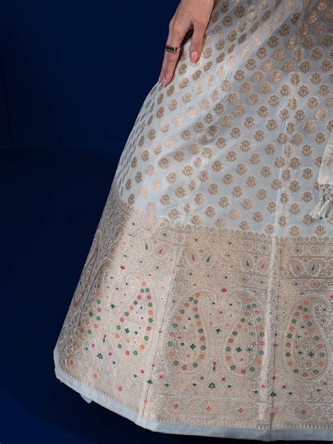 White Meenakari Silk Handloom Banarasi Lehenga - Sacred Weaves
