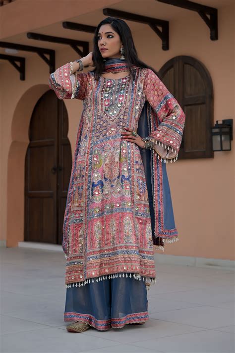 Dusk Blue Printed Velvet Suit with Artistic Borders – Noor Radiance Ed ...