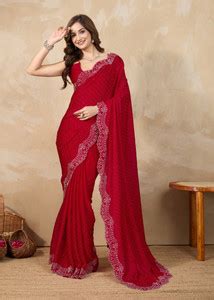 Buy Trendmalls Embellished Bollywood Satin Red Sarees Online @ Best ...