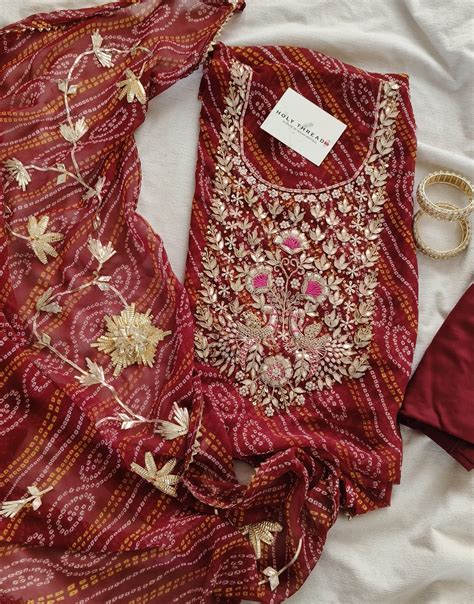 Wine Red Georgette bandhani suit with pearl and zardoshi work suit ...