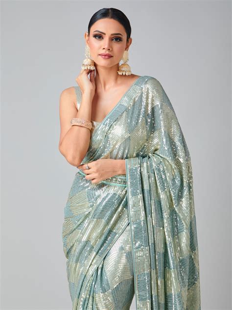 Uniquely Contrasted Pista & Gold Sequin Saree – Tirumala Designers