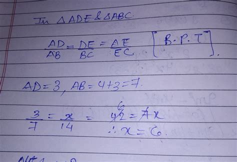 If DE||BC, then find x AD =3cm DB=4cm BC = 14cm - Brainly.in