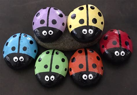 Set: 6 small colorful ladybug garden stonespainted rocks | etsy ...