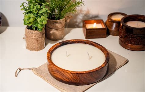 Two Wick Soy Wax Scented Candle in Wood - Flat Bowl Large - Crafiteria