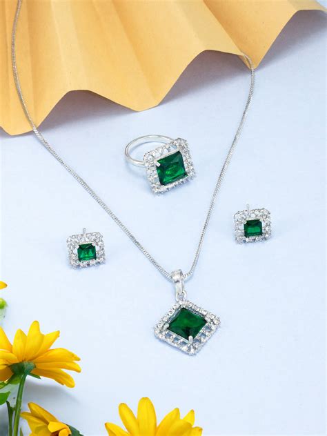 Rhodium Plated Green American Diamond Studded Pendant Set With Ring ...