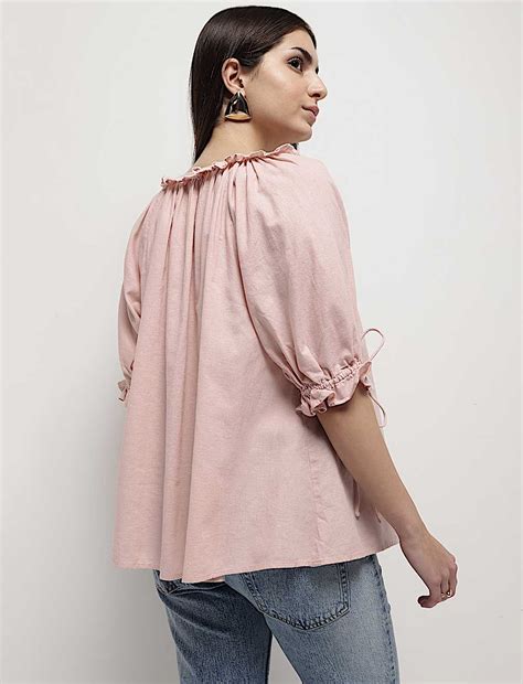 Buy Linen Rich Ruffled Neck Blouson Top at Marks & Spencer