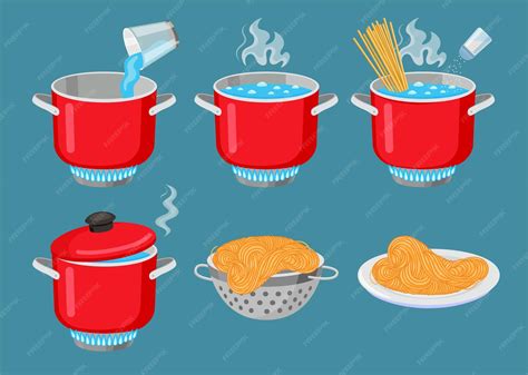 Pasta cooking process vector illustrations set. recipe instructions or ...