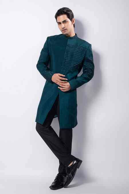 Buy Green Suede Cut Work Celik Hand Embroidered Bandhgala And Trouser ...