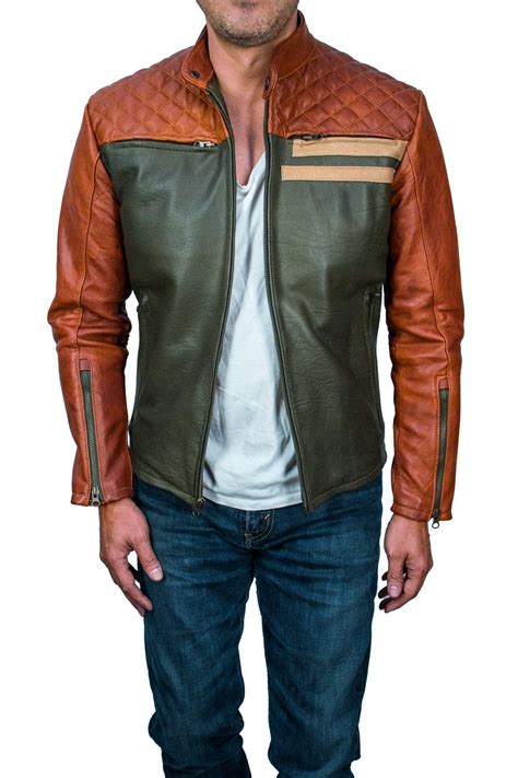 THE MASON Leather Jacket in Contrasted Amber & Green with Beige Stripe ...