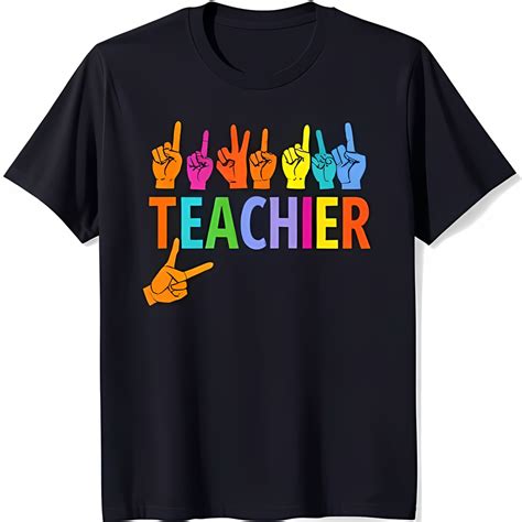 Black T-Shirt with Rainbow 'TEACHER' in Sign Language Eye Catching Neck ...