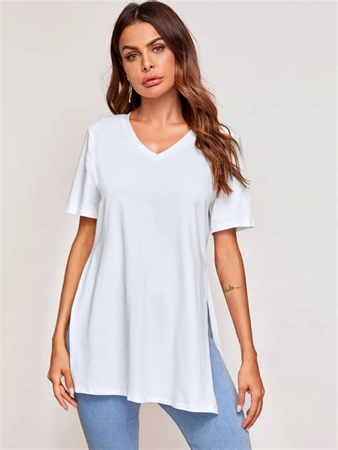 SHEIN LUNE V-neck Split Side Longline Tee | SHEIN USA