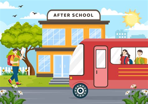 After School Vector Illustration with Students Leave School Building ...