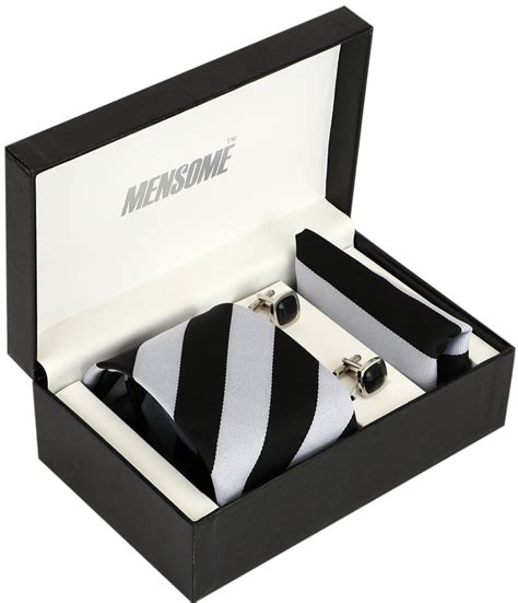 Grey Black Stripes Neck Tie, Pocket Square And Cufflinks Combo Gift Se