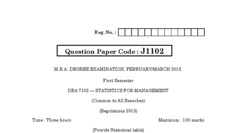 M.B.A. DBA 7102 Statistics for Management - Exam Paper 2018 - Studocu