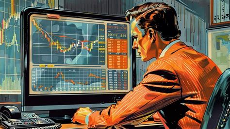1950s advertising illustration of a trader with charts on screen ...