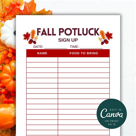 Fall Potluck Sign Up Sheet Printable For Potluck Instant Download Etsy/mexican Potluck Sign Up ...