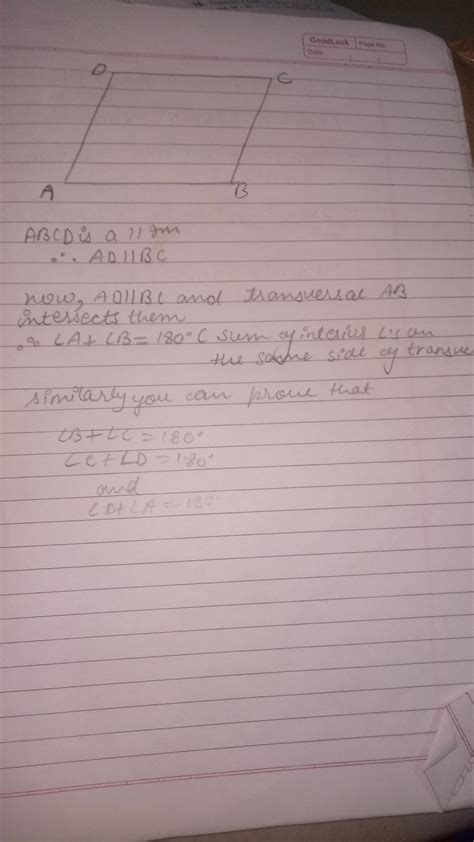 In a parallelogram ABCD Prove that the sum of any two Consecutive ...