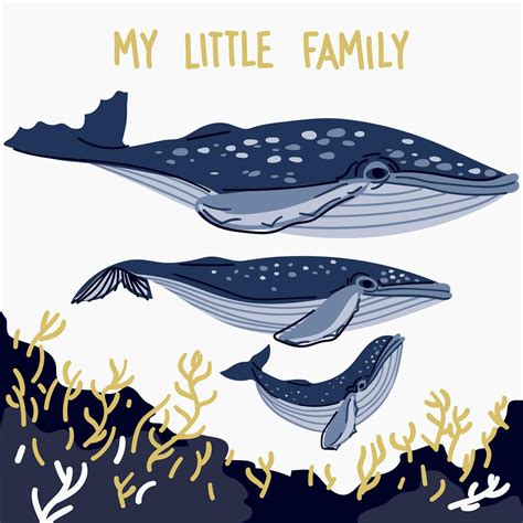 A family of cartoon whales on a white background like a postcard with the signature My little ...