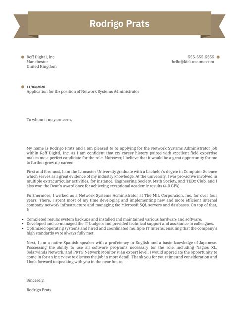Network Systems Administrator Cover Letter Sample | Kickresume