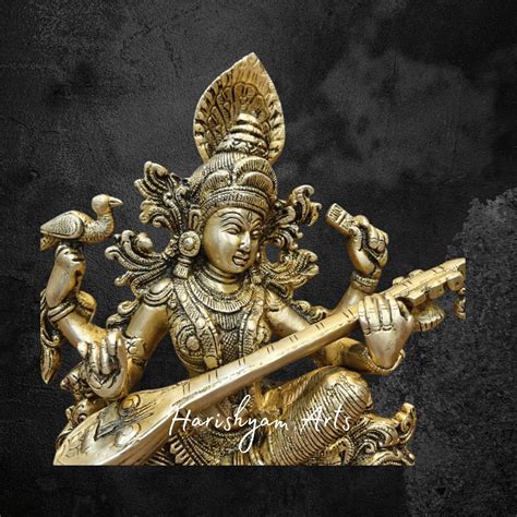 11" Brass Idol of Saraswati Mata Playing Veena for Study Room and Wors