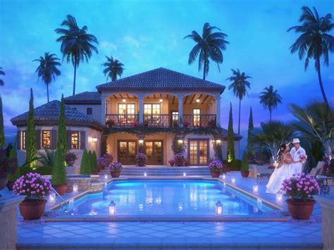 Download wallpaper palm trees, pool, lights, pair, Spain Villa De La ...