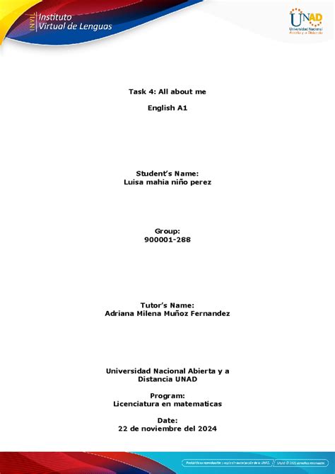 Tarea de inglesa Task 4 - Ninguna - Task 4: All about me English A ...