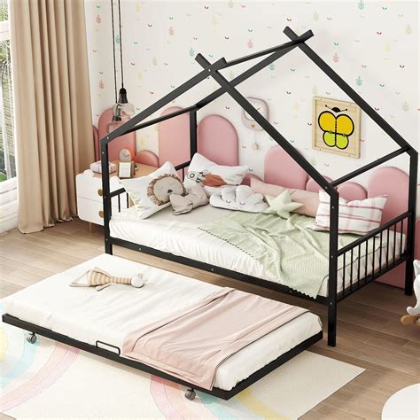 Amazon.com: Metal House Bed for Kids, Twin Size Bed Frame with Trundle ...