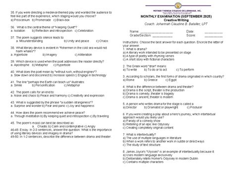 Creative Writing Monthly Exam (SEPT 2025) - Test Questions - Studocu