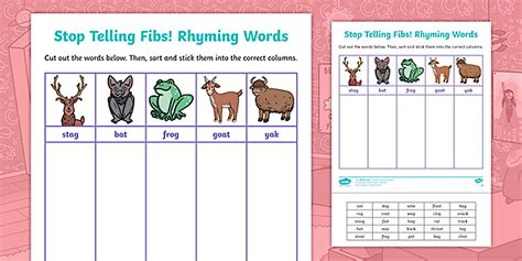 Editable Stop Telling Fibs! Rhyming Words Sorting Activity