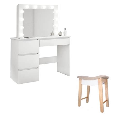 Masa de toaleta/machiaj + Taburet Vintage, alba, cu oglinda si LED-uri, Irina, 94x43x141 cm ...