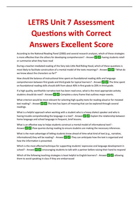 LETRS Unit 7 Assessment Questions with Correct Answers Excellent Score ...