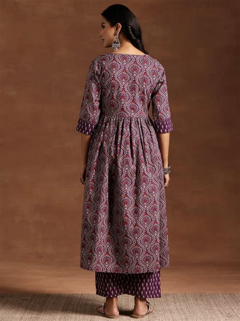 Buy Purple Printed Cotton A-Line Kurta With Palazzos Online at Rs.1268 ...