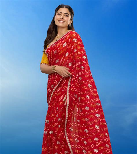 Rashmika for Laxmipati Bandhani Printed Georgette Saree in Red Color w