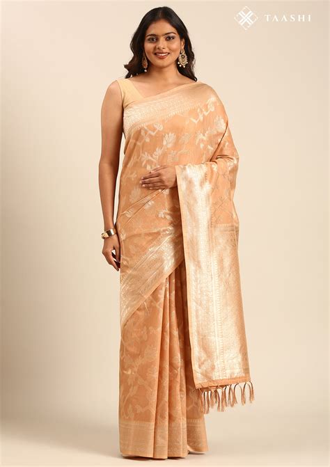 Buy Peach Floral Woven Tussar Saree - Taashi Online - Taashi