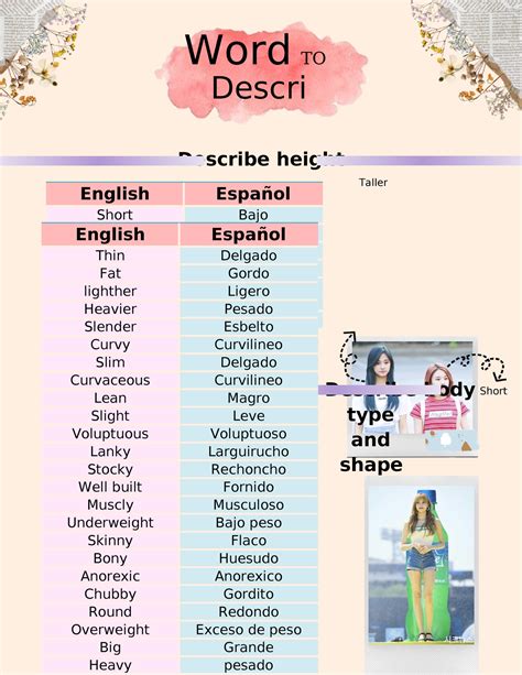 Palabras para describir - Describe height English Español Short Bajo ...