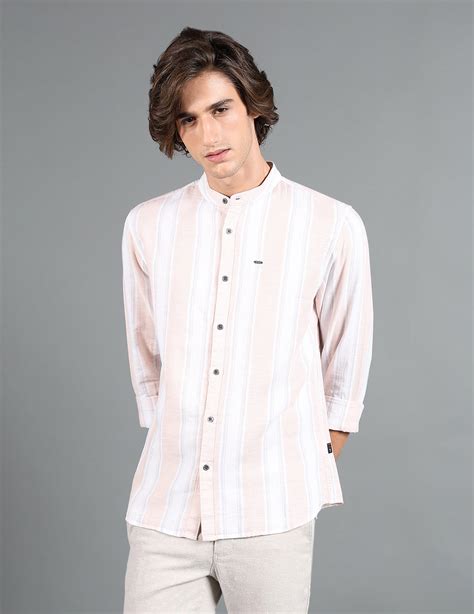 IDENTITI Men Slim Fit Mandarin Collar Striped Shirt In Peach.