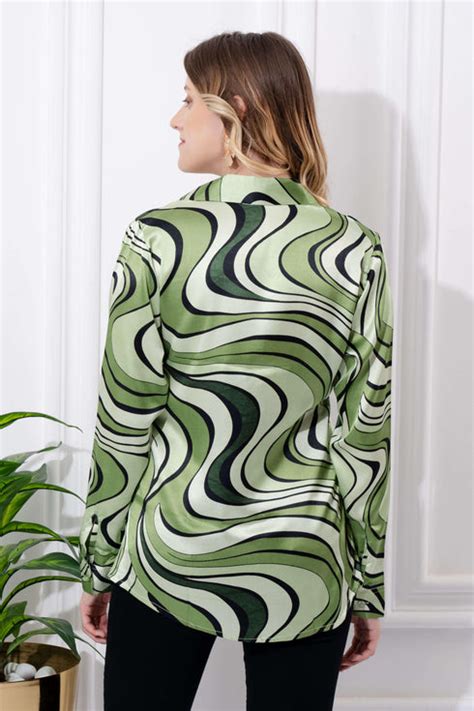 Buy Green Swirl Print Satin Shirt For Women - Vooning
