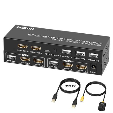 Dual Monitor KVM Switch HDMI 2 Port 4K@60Hz, USB HDMI Extended Display ...