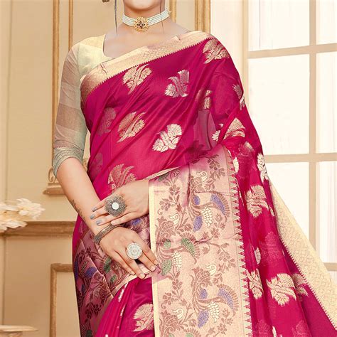 Rani Pink Floral Woven Organza Saree With Tassels